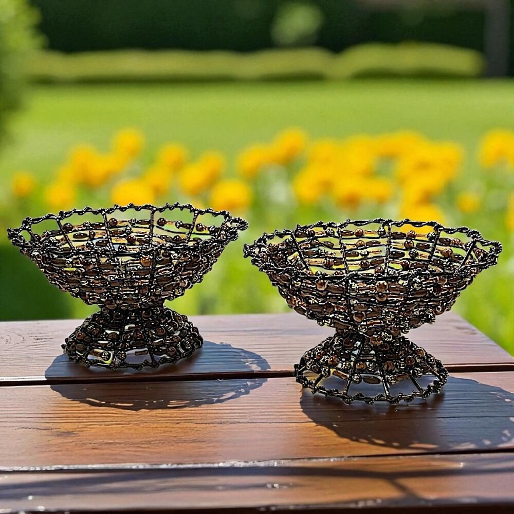 2 Metal Copper Wire Amber Beaded Pedestal Basket Bowl 7” & 4”tall